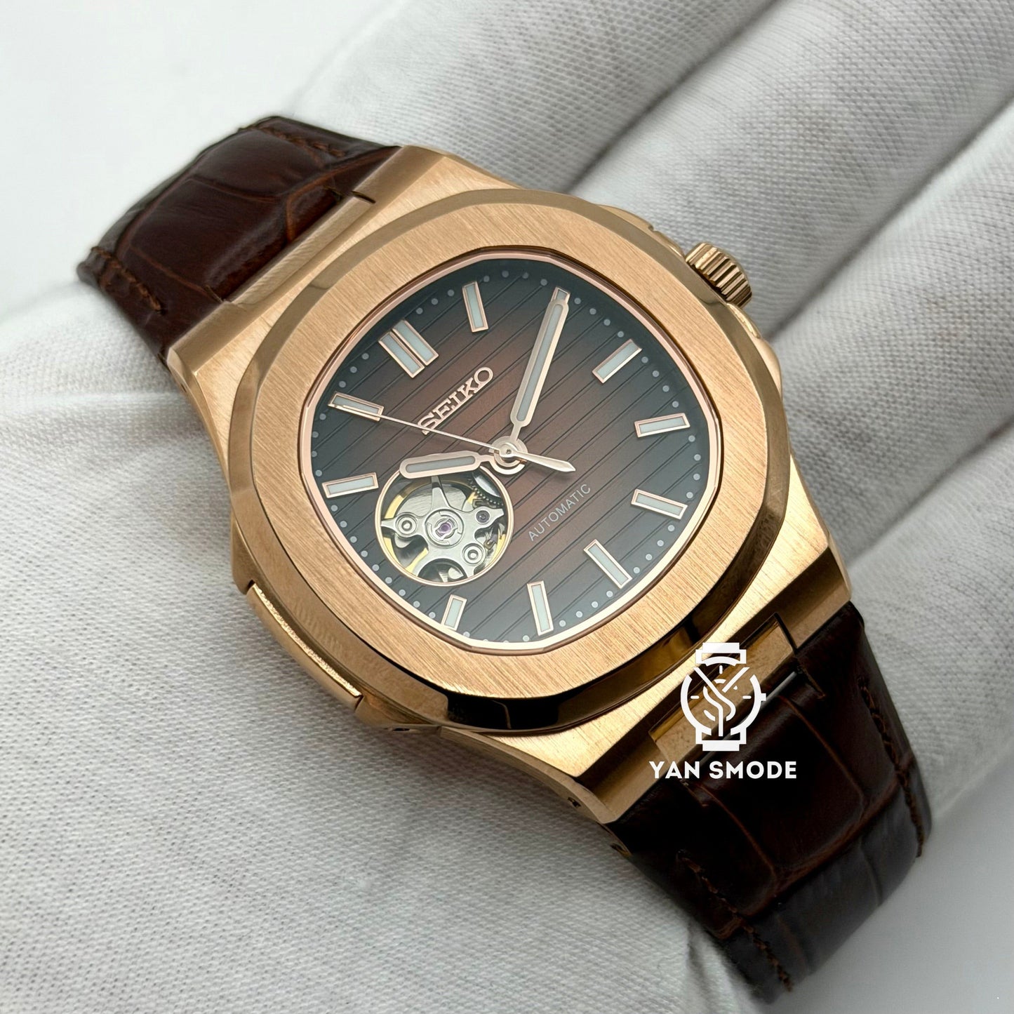 Nautilus Or Rose Caramel Ouverte Cuir Marron