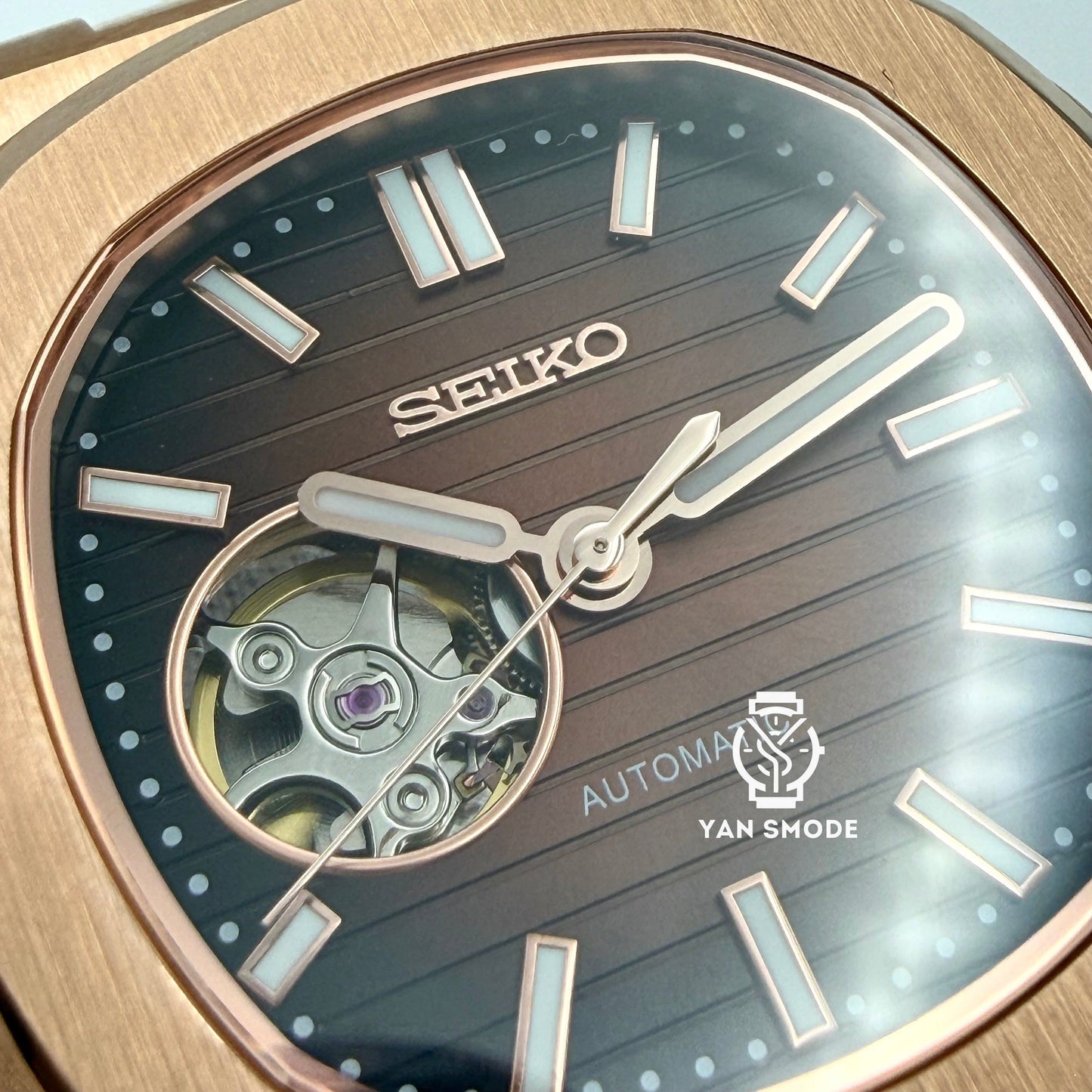 Nautilus Or Rose Caramel Ouverte Cuir Marron