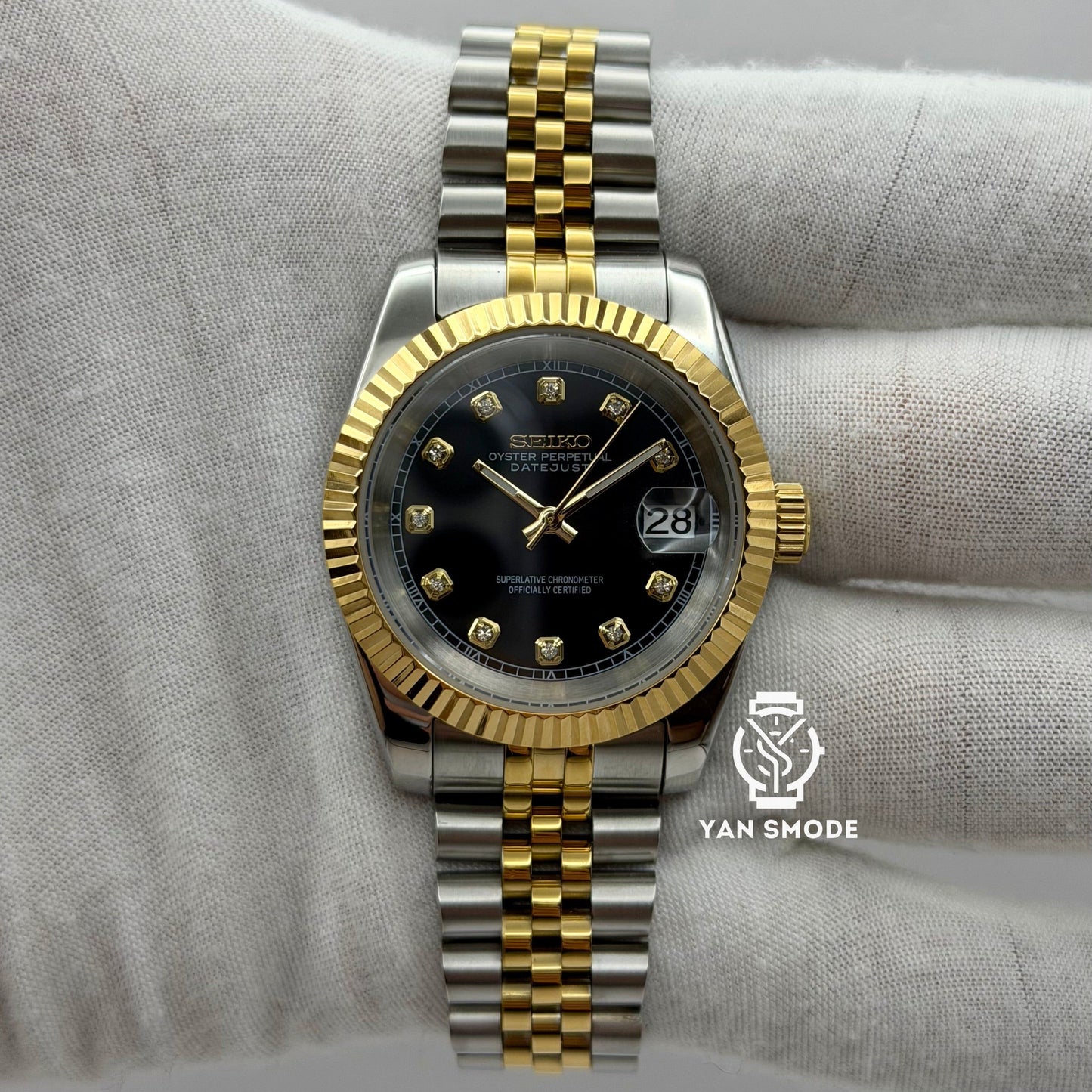 Date Just Or Jaune Noir Orné de Diamants