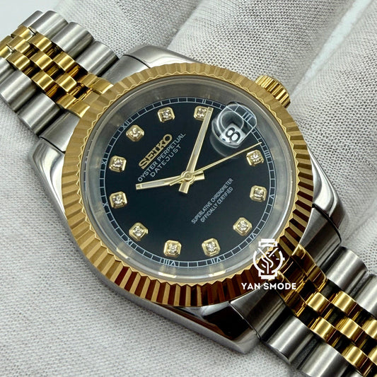 Date Just Or Jaune Noir Orné de Diamants