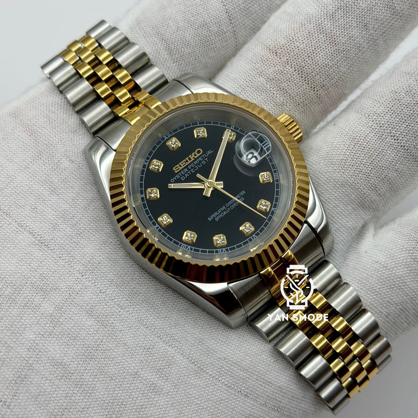 Date Just Or Jaune Noir Orné de Diamants