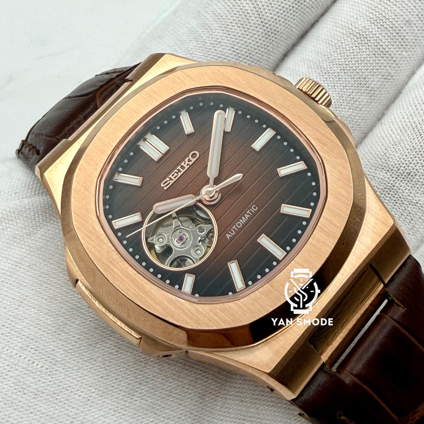 Nautilus Or Rose Caramel Ouverte Cuir Marron